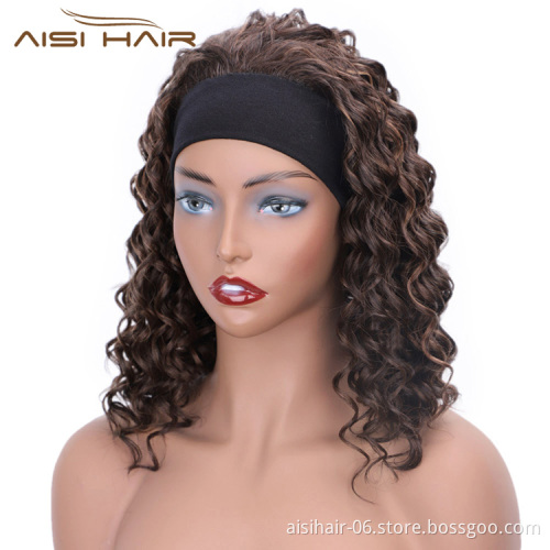 Aisi Hair Afro Curly High Temperature Fiber Synthetic Wigs with Headband Mixed Brown Color Short Curly Wigs for Black Women